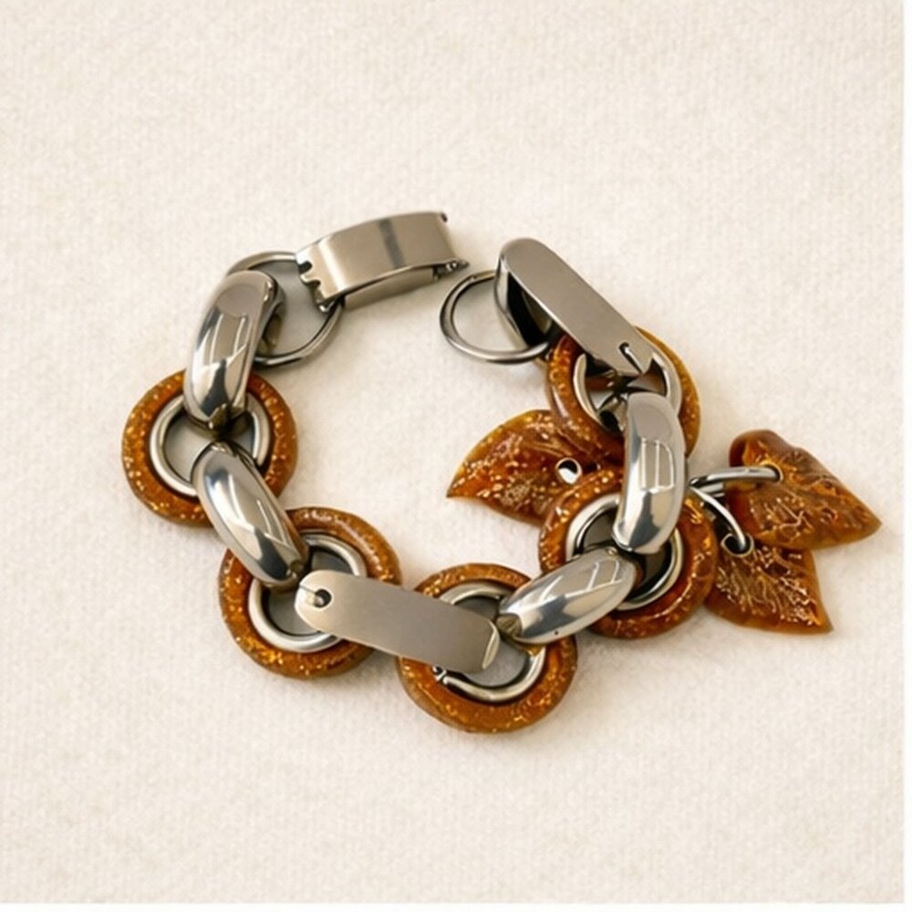 Vintage Lucite Bracelet Amber Glitter Rings Leaf Charms Silver Tone Mid Century